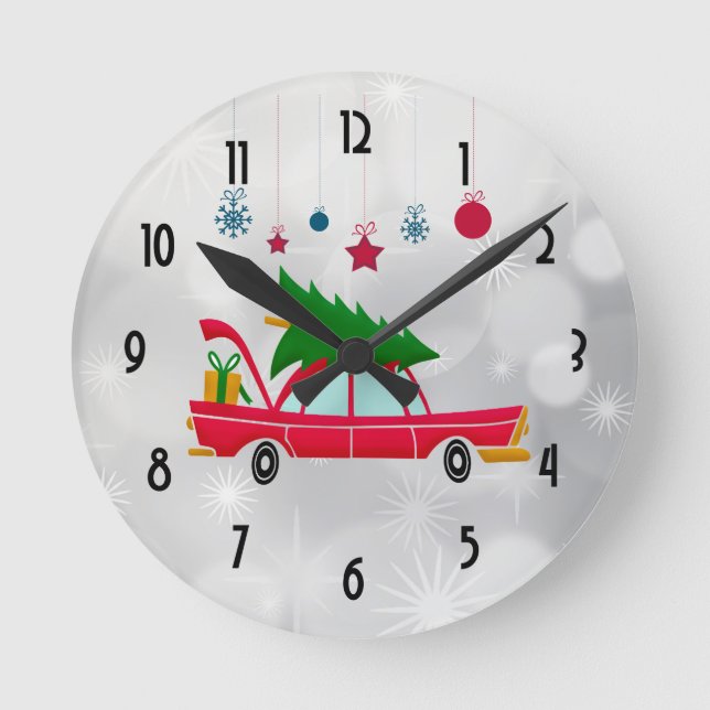 Horloge Ronde Voiture rouge rétro portant un arbre de Noël (Recto)