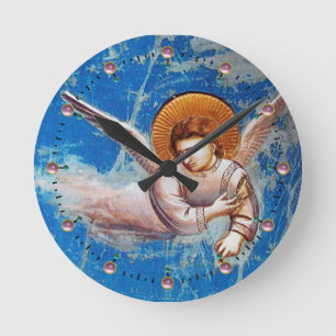 HORLOGE RONDE VOL D'ANGE DE NOËL DANS LE CIEL BLEU