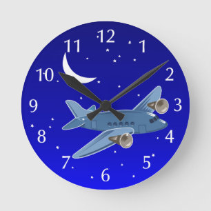 Horloge Ronde Vol d'avion la nuit avec la lune et les étoiles.