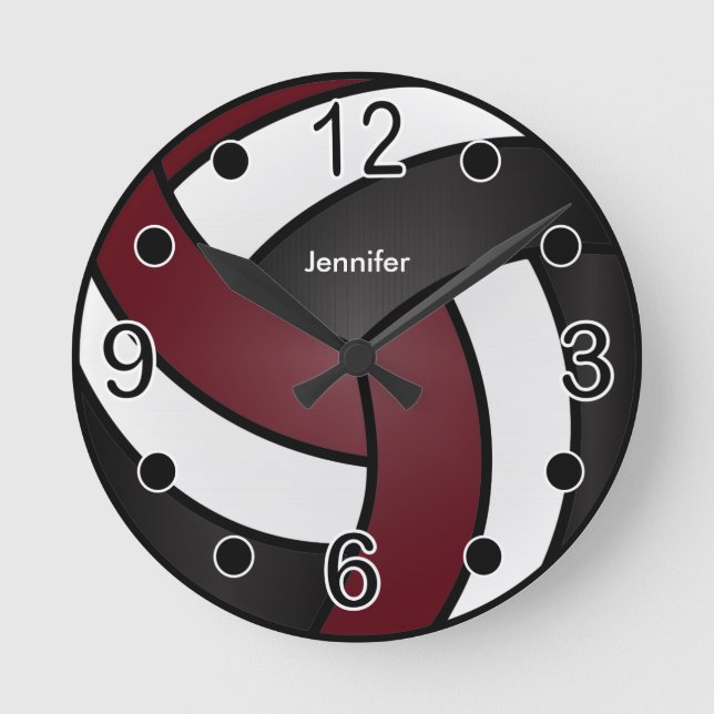 Horloge Ronde Volleyball | Noir, blanc et rouge foncé (Recto)