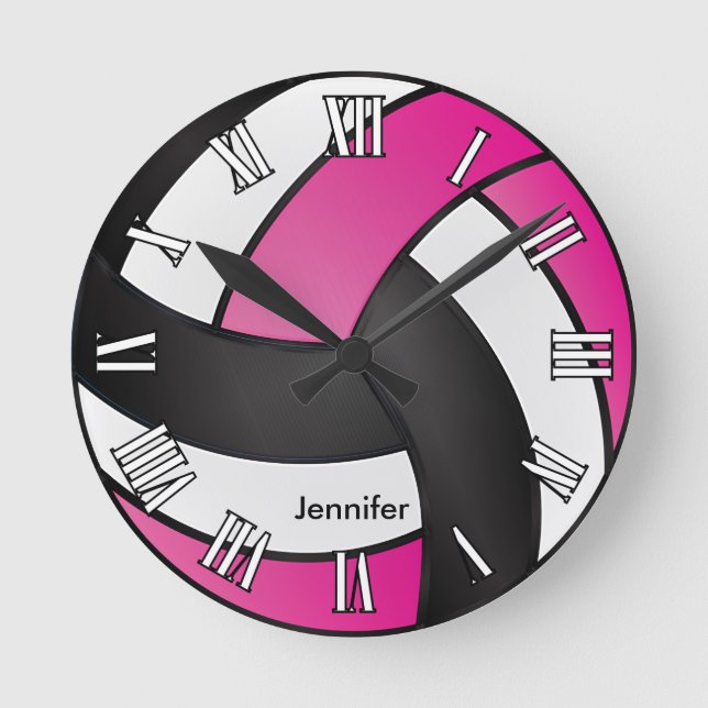 Horloge Ronde Volleyball | Rose chaud, noir et blanc (Recto)