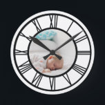 Horloge Ronde Votre photo Numéros romains personnalisés<br><div class="desc">Votre photo Numéros romains personnalisés horloge murale de Ricaso</div>