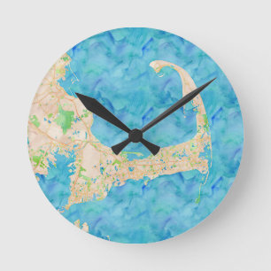 Horloge Ronde Watercolor Cape Cod Map