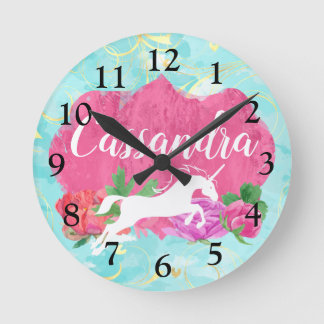 Horloge Ronde Watercolor Flower Unicorn Pink Blue Girls