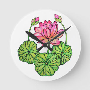 Horloge Ronde Watercolor Pink Lotus with Buds & Leaves