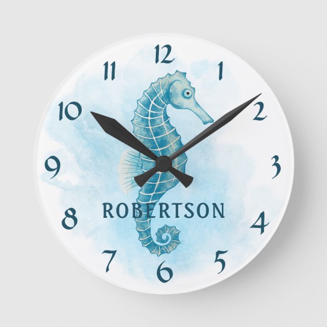 Horloge Ronde Watercolor Seahorse Ocean Beach Nom (Recto)