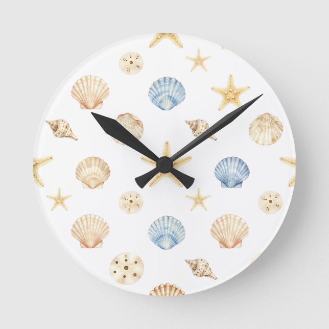 Horloge Ronde Watercolor Seashells Starfish Coastal Pattern (Recto)