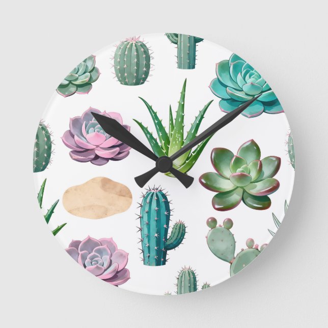 Horloge Ronde Watercolor Succulent Cactus Pattern (Recto)
