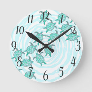 Horloge Ronde Watercolor Teal Sea Turtles on Swirly Stripes