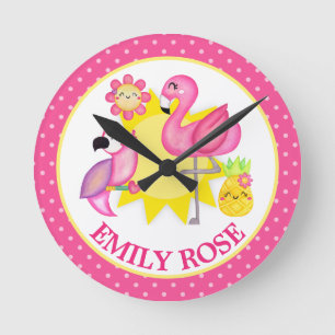 Horloge Ronde Watercolor Tropical Summer Flamingo & Parrot
