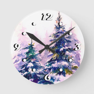 Horloge Ronde Watercolor winter forest Christmas tree