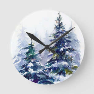 Horloge Ronde Watercolor winter forest Christmas tree