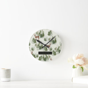 Horloge Ronde Watercolor Winter Forest Motif sans joint