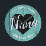 Horloge Ronde We Love You Nana Grandkid Names Acrylic Wall Clock<br><div class="desc">Nana We Love You personalized grand kids name template. Easy to use,  just change the grand kids names to your own children. Tout est immobile et customizable if needed. Cute rustic wood grain ground.</div>