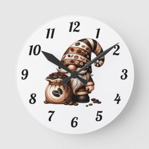 Horloge Ronde Whimsical Cute Coffee Gnome Brown White Cadeau