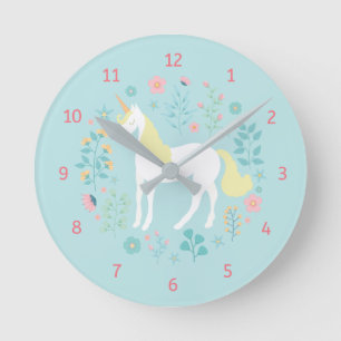 Horloge Ronde Whimsical Unicorn & Flowers Aqua