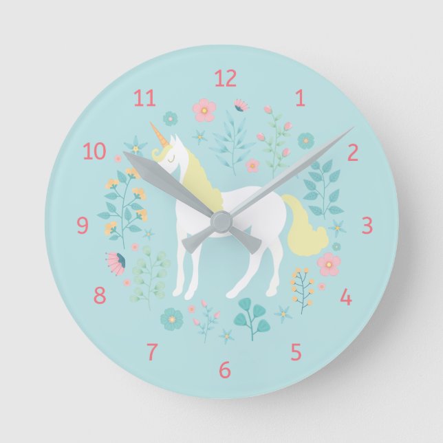 Horloge Ronde Whimsical Unicorn & Flowers Aqua (Recto)