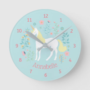 Horloge Ronde Whimsical Unicorn & Flowers Aqua Personalized