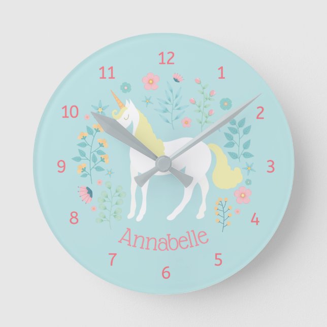 Horloge Ronde Whimsical Unicorn & Flowers Aqua Personalized (Recto)