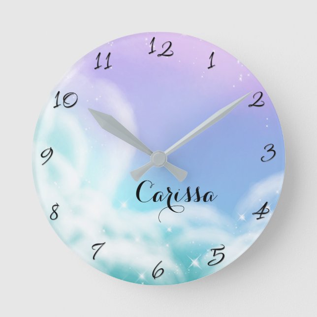 Horloge Ronde Whimsical Violet rose Étincelle Nuages mignon Cham (Recto)