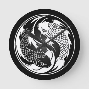 Horloge Ronde White and Black Yin Yang Koi Fish