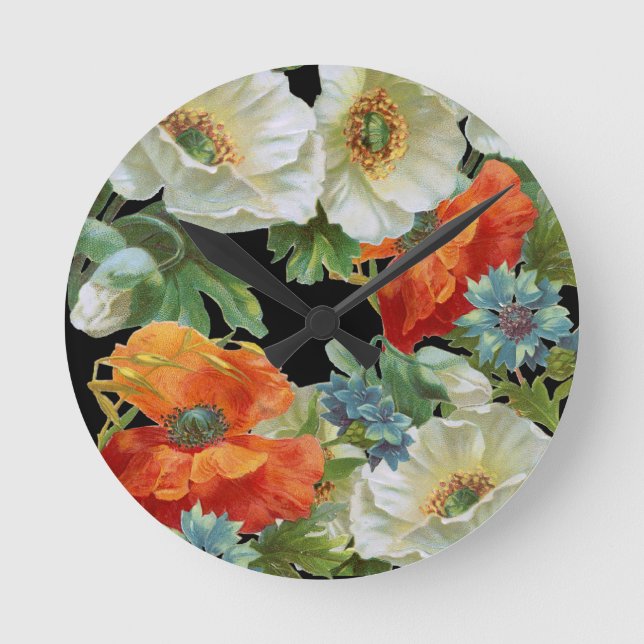 Horloge Ronde White and Orange Poppies Floral Wall Clock (Recto)