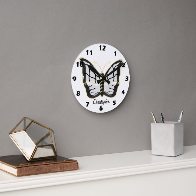 Horloge Ronde White Butterfly Design Personalised (Bureau)