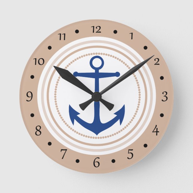 Horloge Ronde White Circle and Blue Nautical Anchor Custom Clock (Recto)