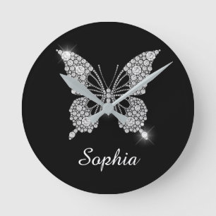 Horloge Ronde White Diamond Butterfly, DIY Script Nom, Black