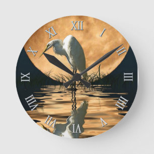 Horloge Ronde White Egret & Pleine lune Faune Nature Scene