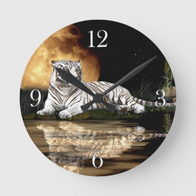 Horloge Ronde White Tiger & Moon Big Cat Animal-Lover Wall Clock (Recto)