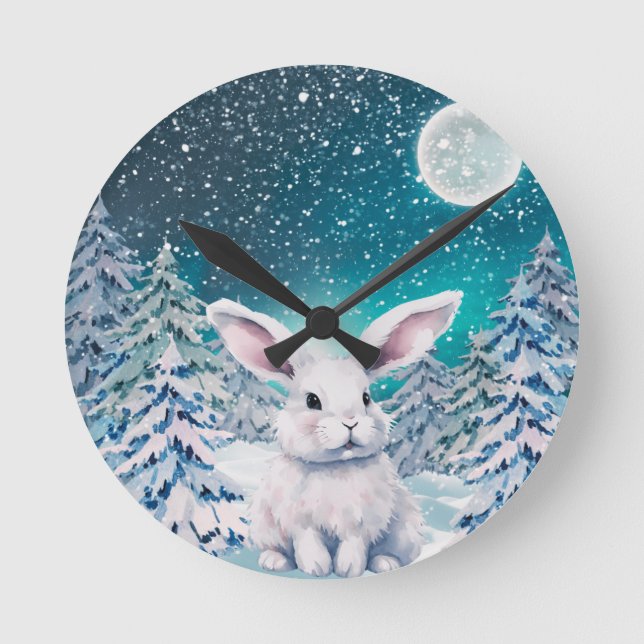 Horloge Ronde Winter Bunny in Snow Wall Clock (Recto)