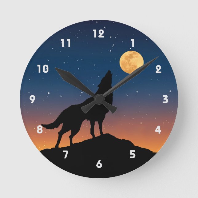 Horloge Ronde Wolf Howling avec Pleine lune Night Sky et étoiles (Recto)