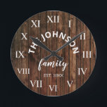 Horloge Ronde Wood Custom Family<br><div class="desc">The brown wooden farm house wall clock is perfect pour your country farmhouse kitchen. Customize with your family name and established year for a unique and personalized birthday ou Christmas vend.</div>
