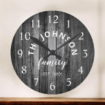 Horloge Ronde Wood Custom Family<br><div class="desc">The grey (gray) wooden farm house wall clock is perfect for your country farmhouse kitchen. Customize with your family name and established year for a unique and personalized birthday ou Christmas vend.</div>