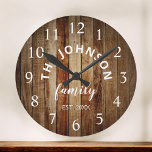 Horloge Ronde Wood Custom Family<br><div class="desc">The brown wooden farm house wall clock is perfect pour your country farmhouse kitchen. Customize with your family name and established year for a unique and personalized birthday ou Christmas vend.</div>