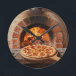 Horloge Ronde Wood-Fired Pepperoni Pizza Rustic Italian<br><div class="desc">The irresistible aroma of a perfectly blistered wood-fired pizza straight from a traditional brick oven. This warm, painterly scene captures a golden, bubbly pepperoni pizza fresh from the flames, surrounded by glowing embers and rustic terracotta. Mouthwatering, cozy, and full of authentic Italian soul a true love letter to pizza passion....</div>