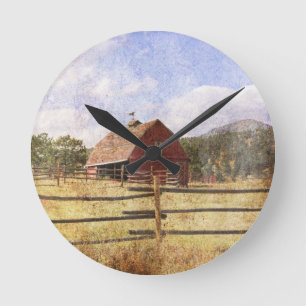 Horloge Ronde Woodgrain Western Country Farm Primitive Red Barn