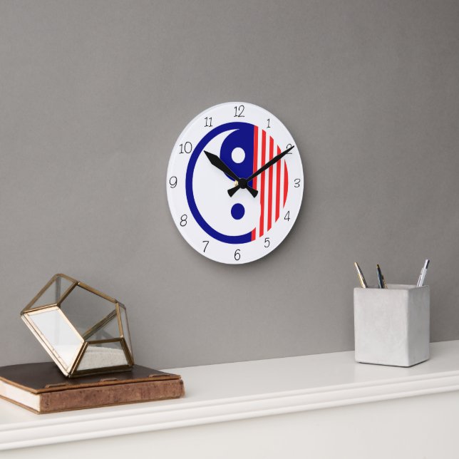 Horloge ronde Yang Yin Yang rouge, blanc et bleu (Bureau)