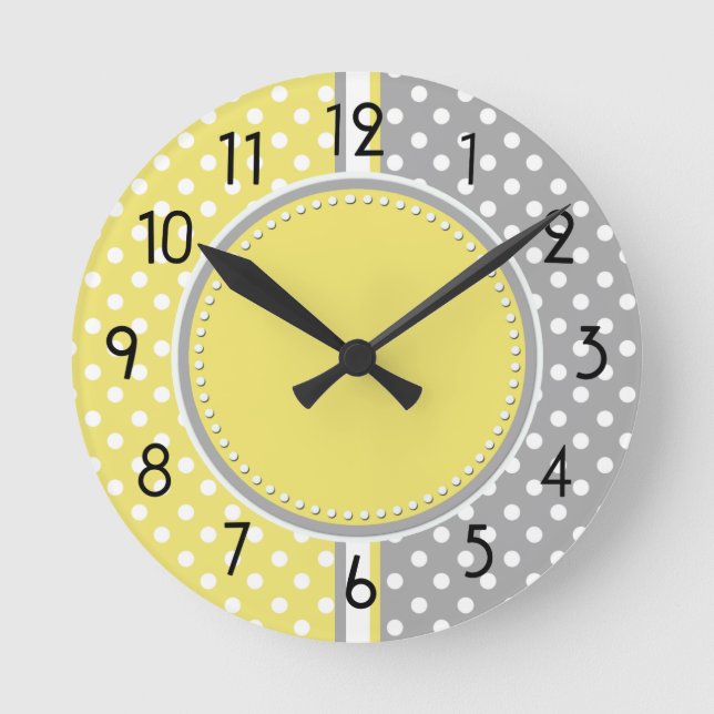 Horloge Ronde Yellow and Gray Polka Dots Clock (Recto)