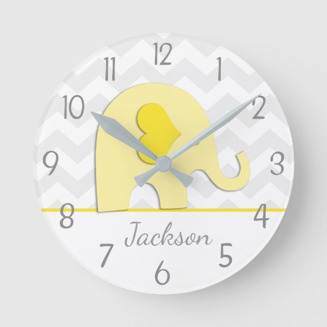 Horloge Ronde Yellow Grey Elephant Nursery Wall Clock (Recto)