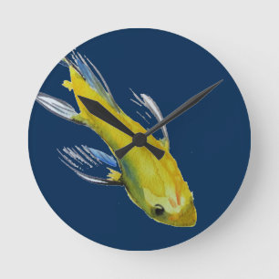 Horloge Ronde Yellow koi Japonais carp watercolour art fish
