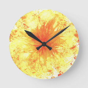 Horloge Ronde Yellow Orange Abstract Art Watercolour Wash Flower