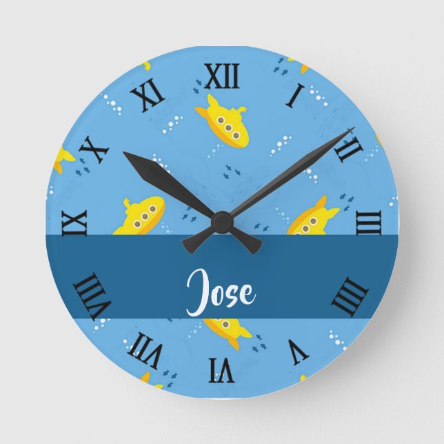 Horloge Ronde Yellow submarine and fish on blue (Recto)