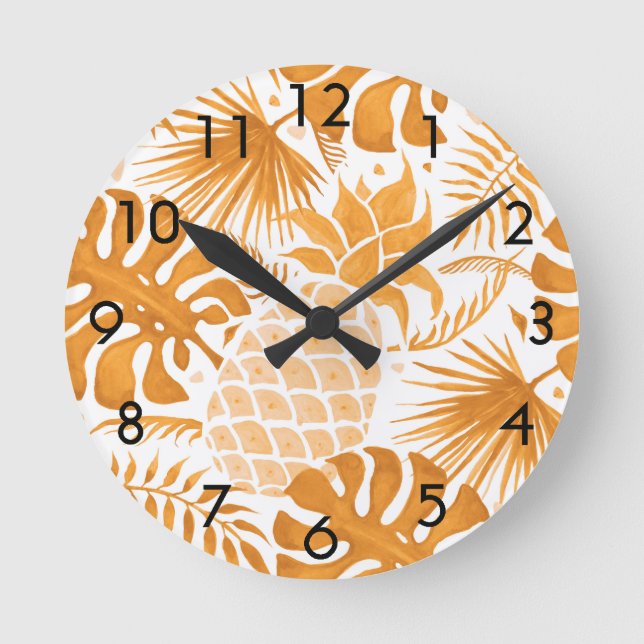 Horloge Ronde Yellow tropcal pineapple golden white botanical (Recto)