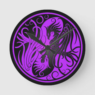 Horloge Ronde Yin pourpre et noir Yang Phoenix
