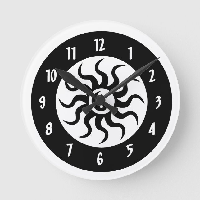 Horloge Ronde Yin Yang Aztec Cercles soleil/blanc et noir (Recto)