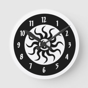 Horloge Ronde Yin Yang Aztec Cercles soleil/blanc et noir