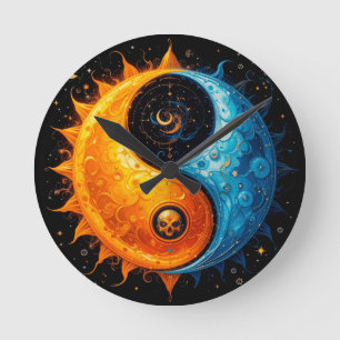 Horloge Ronde Yin Yang Design représentant le soleil et la lune