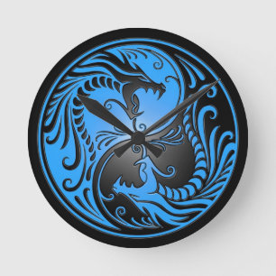 Horloge Ronde Yin Yang Dragons, bleu et noir